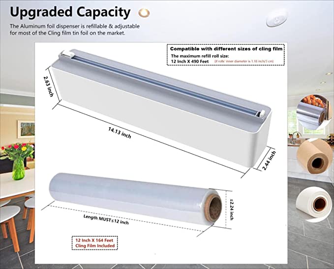 Magnetic Refillable Plastic Wrap Dispenser With Cutter